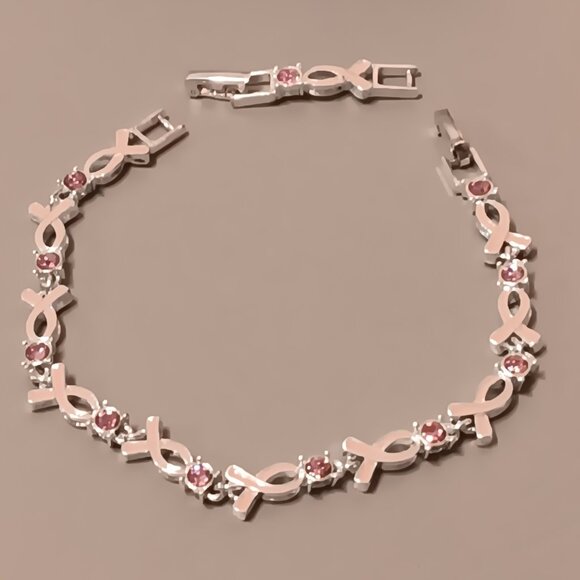Avon Breast Cancer Crusade Pink Ribbon & Rhinestone Tennis Bracelet - NIOB - Picture 6 of 13